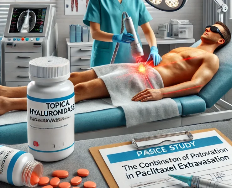 DALL·E 2024-07-10 18.58.52 - A medical scene depicting the combination of photobiomodulation and topical hyaluronidase in treating paclitaxel extravasation. Show a patient with a