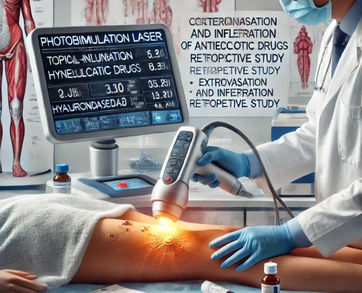 DALL·E 2024-07-10 19.00.25 - A medical scene showing the combination of photobiomodulation and topical hyaluronidase in treating extravasation and infiltration of antineoplastic d