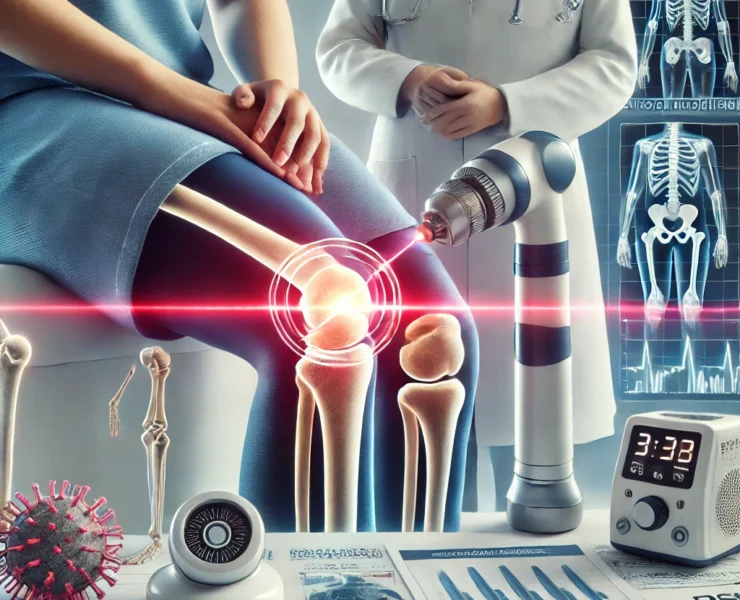 DALL·E 2024-07-10 19.03.21 - A medical scene showing the use of low-level laser therapy (LLLT) in treating surgical dehiscence after knee arthroplasty. Include different laser dev