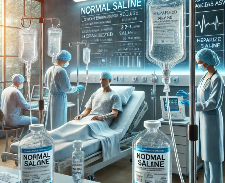 DALL·E 2024-07-14 15.21.48 - A medical scene comparing the efficacy of normal saline versus heparinized saline solution for locking catheters of totally implantable long-term cent